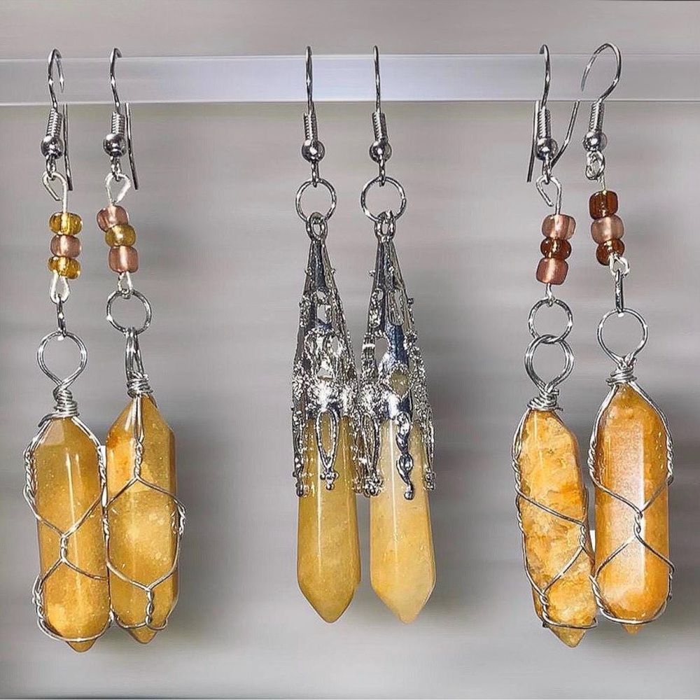 Silver Wire-Wrapped Yellow Aventurine Crystal Earrings
